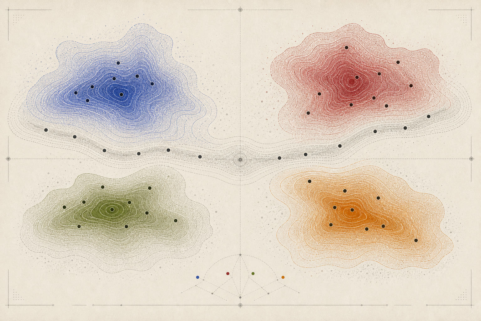 Four colored topographic islands with black observation dots are connected by one faint shared accuracy band.