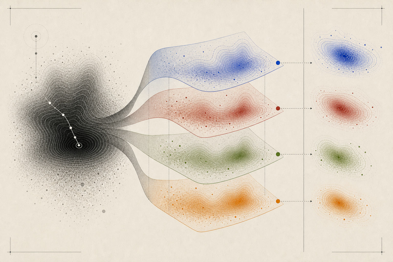 A dark aggregate basin peels into four colored contour layers that separate the causes of inefficient reasoning.