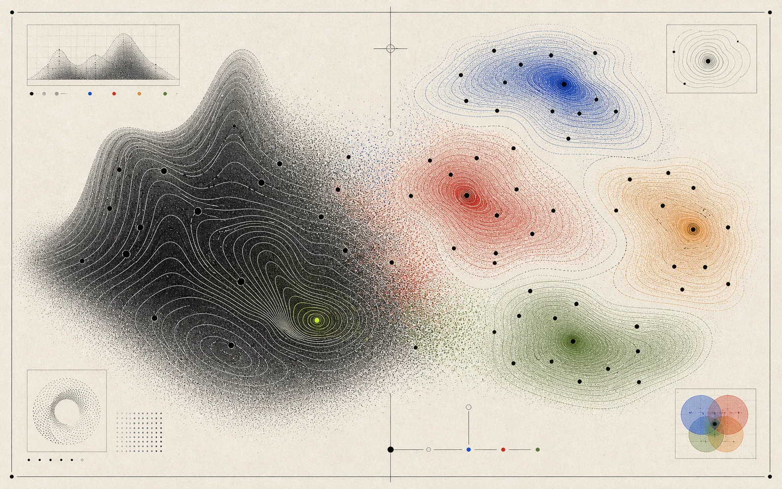 Poster-style diagnostic map where one black aggregate efficiency landscape decomposes into blue, red, orange, and green regimes.