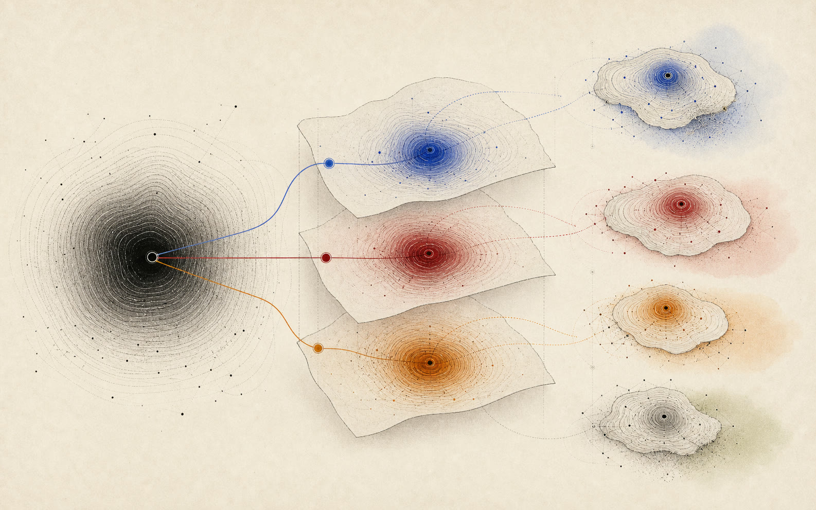 A dark aggregate reasoning basin splitting into blue, red, orange, and grey diagnostic basins across peeled paper layers.