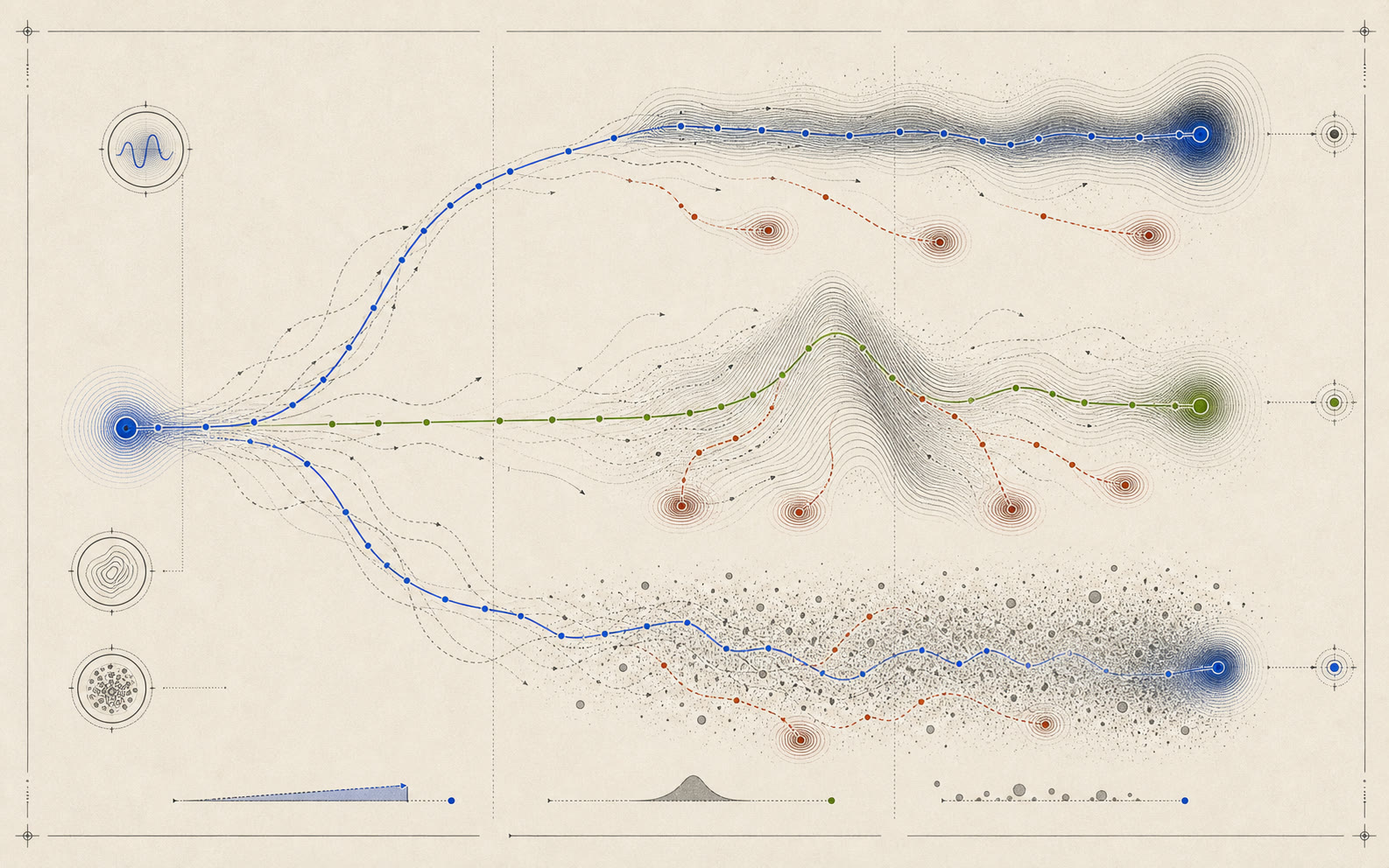 One reasoning origin branches into three load regimes with blue true paths, green robust paths, and red wrong-state attractors.