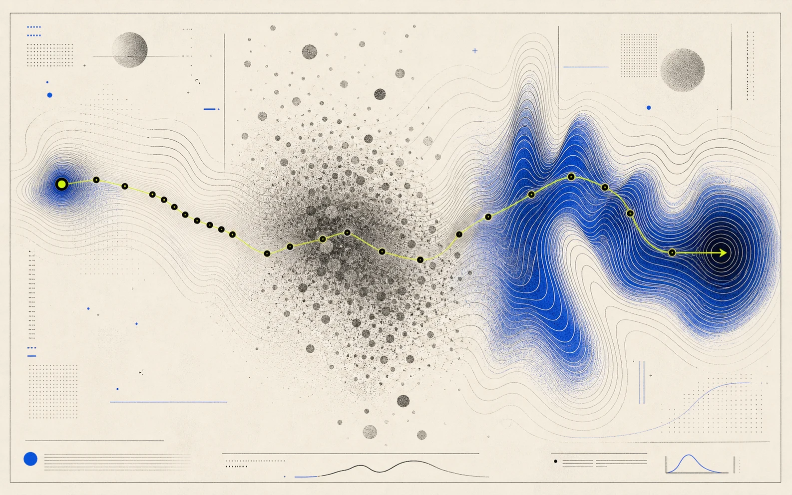 Poster-style contour landscape with a lime reasoning path crossing grey distractor particles and blue load ridges.