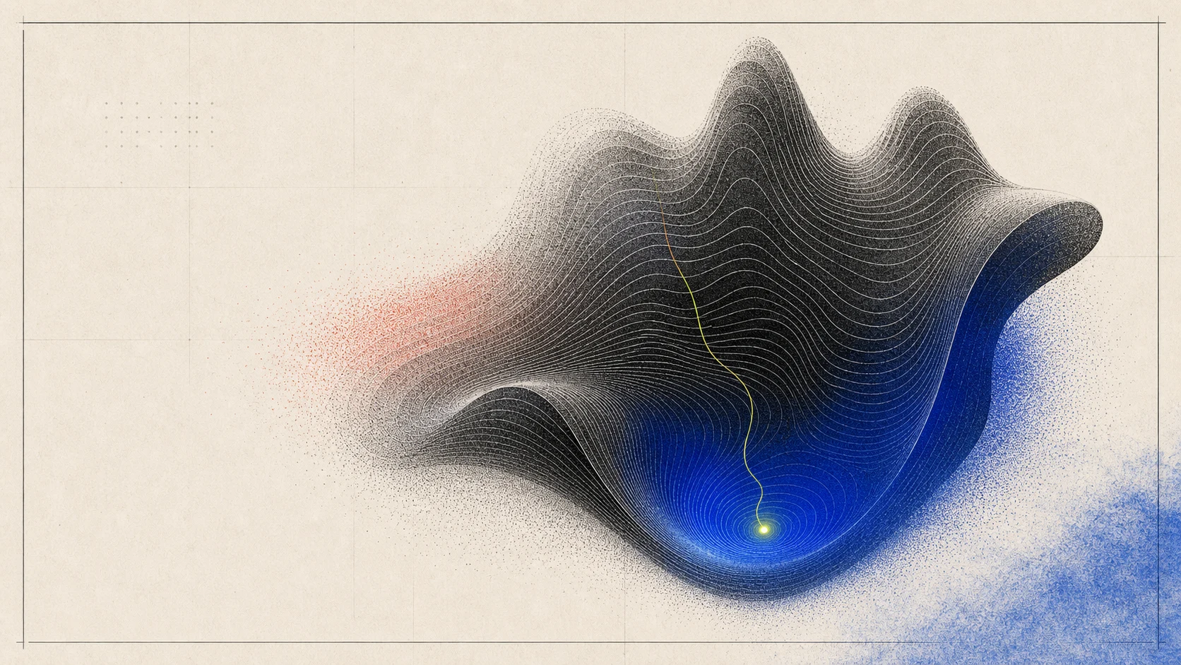 Abstract scientific poster landscape with graphite contour lines, cobalt particle fields, and a subtle lime trajectory.