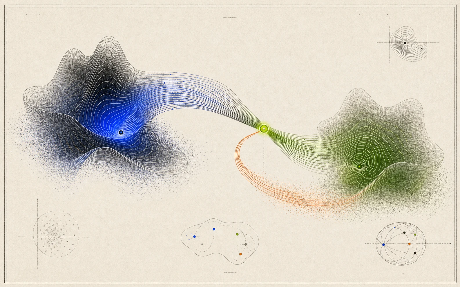 Poster-style latent geometry with blue and green manifolds connected by a filament bridge, lime router node, and orange residual arc.
