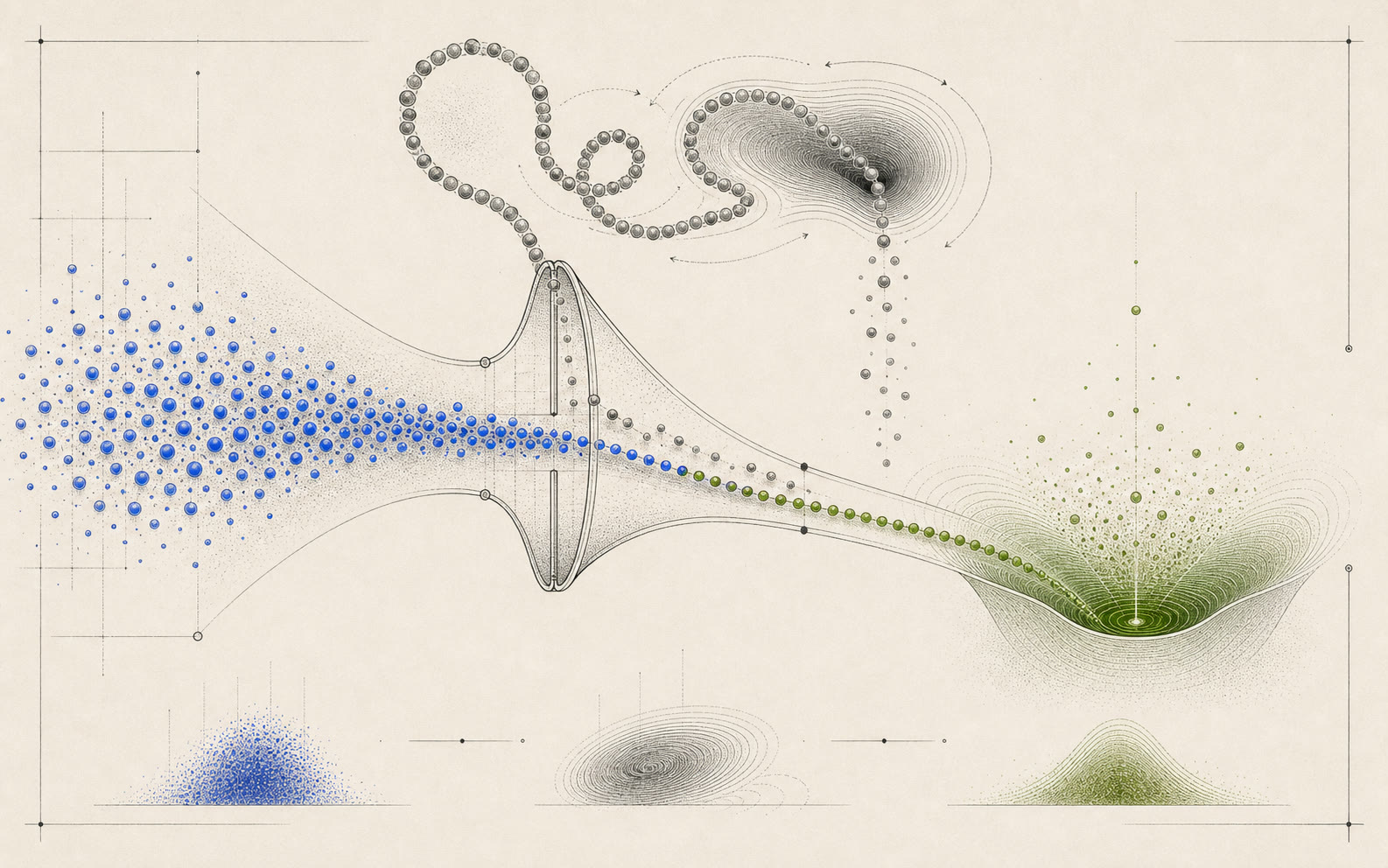 A stream of blue token beads passes through a funnel while useful green beads reach a basin and grey beads loop away.